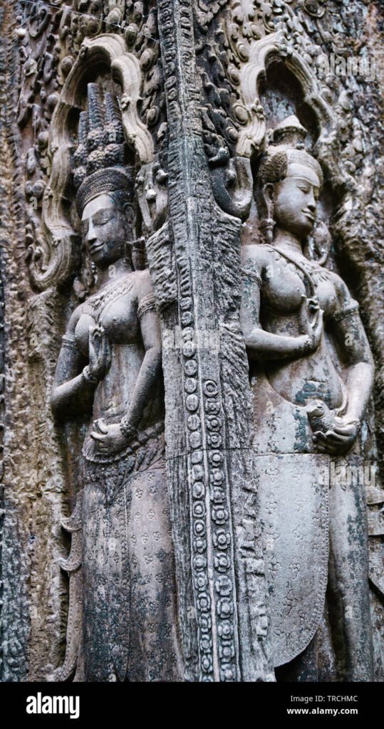 close up of stone carving at one of the temples in angkor wat which relates to hindu and buddish mythology and bearing khmer and dravidian architectu trchmc
