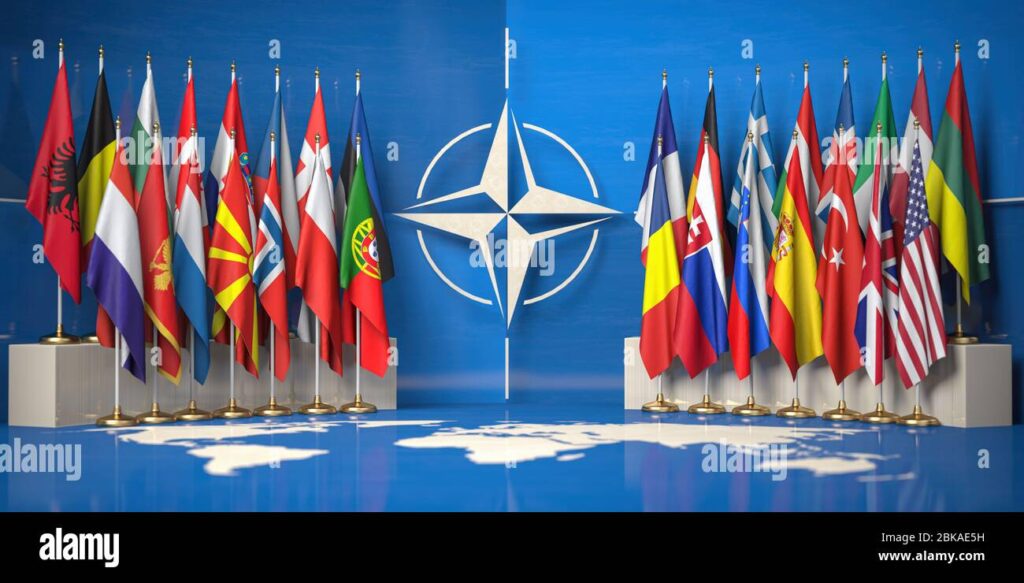 nato flags of members of north atlantic treaty organization and symbol of nato 3d illustration 2bkae5h